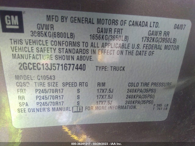 2007 CHEVROLET SILVERADO 1500 LTZ VIN: 2GCEC13J571677440