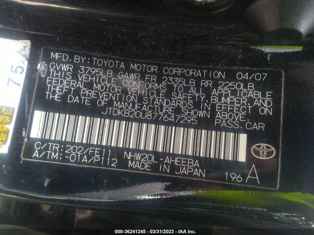 2007 TOYOTA PRIUS VIN: JTDKB20U877647295