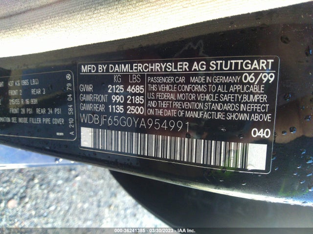 2000 MERCEDES-BENZ E-CLASS VIN: WDBJF65G0YA954991