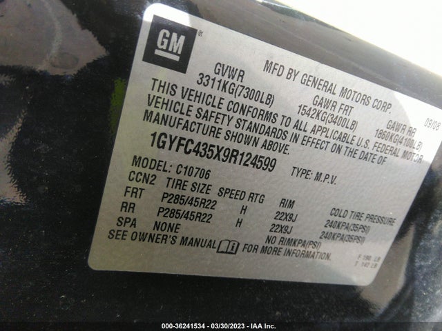 2009 CADILLAC ESCALADE HYBRID VIN: 1GYFC435X9R124599