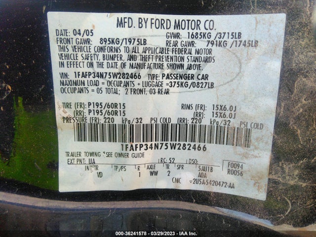 2005 FORD FOCUS S/SE/SES VIN: 1FAFP34N75W282466