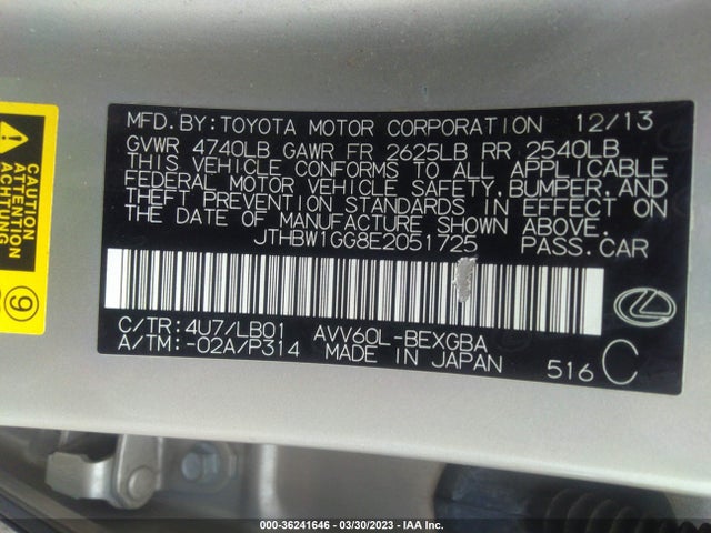 JTHBW1GG8E2051725 Lexus Es 300h Hybrid
