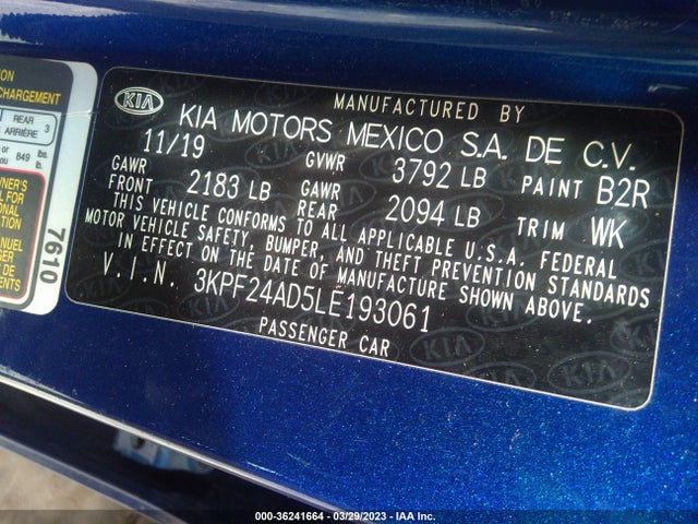 2020 KIA FORTE LXS VIN: 3KPF24AD5LE193061