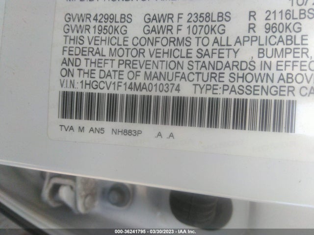 2021 HONDA ACCORD SEDAN LX VIN: 1HGCV1F14MA010374