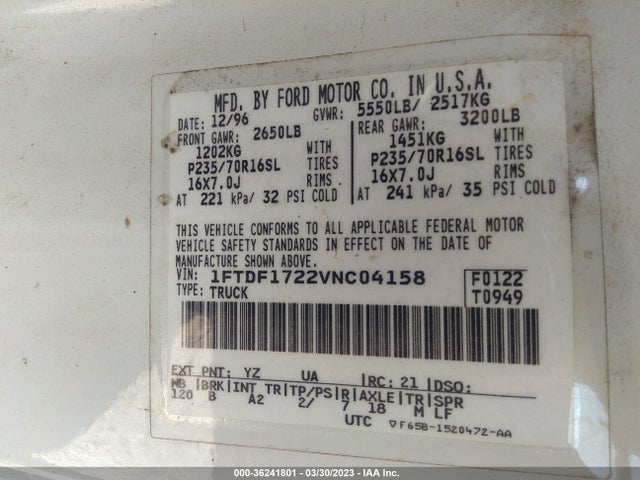 1997 FORD F-150 VIN: 1FTDF1722VNC04158