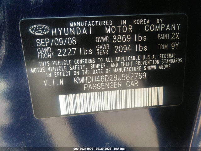 2008 HYUNDAI ELANTRA SE VIN: KMHDU46D28U582769