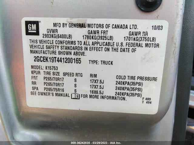 2004 CHEVROLET SILVERADO 1500 Z71 VIN: 2GCEK19T441200165