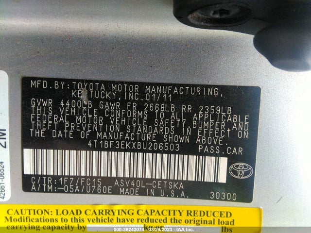 2011 TOYOTA CAMRY SE VIN: 4T1BF3EKXBU206503