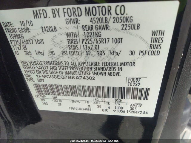 2011 FORD ESCAPE LIMITED VIN: 1FMCU0EG7BKA74302