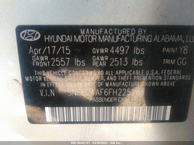 2015 HYUNDAI SONATA 2.4L SE VIN: 5NPE24AF6FH225268