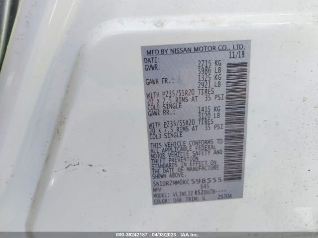 5N1DR2MM0KC598555 Nissan Pathfinder Platinum