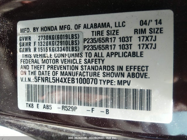 Honda ODYSSEY EX 2014 5FNRL5H4XEB100070 Image 9