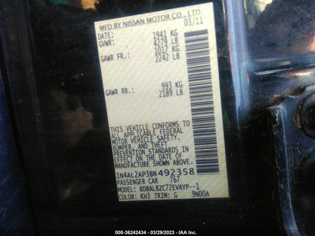 2011 NISSAN ALTIMA VIN: 1N4AL2AP3BN492358