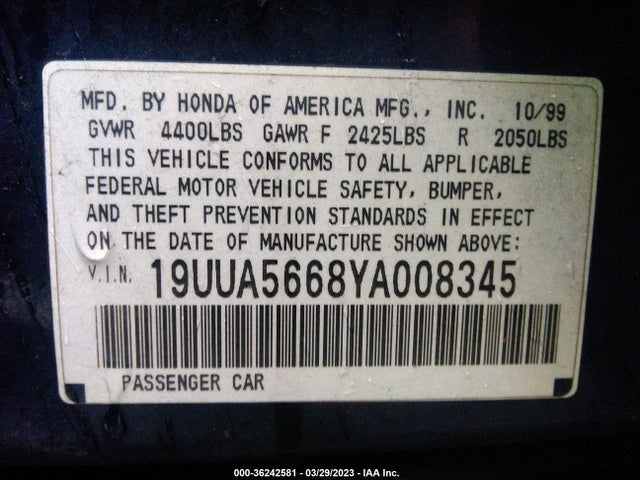 2000 ACURA TL VIN: 19UUA5668YA008345