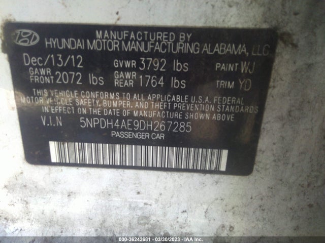 2013 HYUNDAI ELANTRA LIMITED VIN: 5NPDH4AE9DH267285