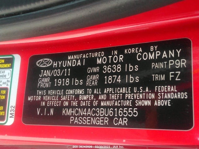 2011 HYUNDAI ACCENT GLS VIN: KMHCN4AC3BU616555