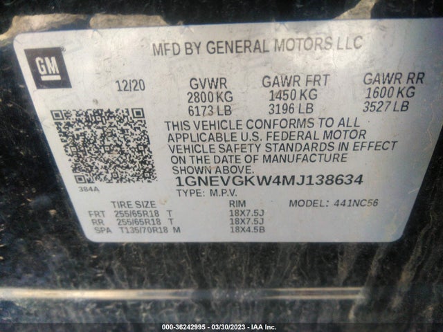 Chevrolet Traverse Lt Cloth 2021 1GNEVGKW4MJ138634 Image 9