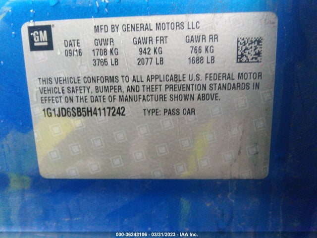 Chevrolet SONIC LT 2017 1G1JD6SB5H4117242 Image 9