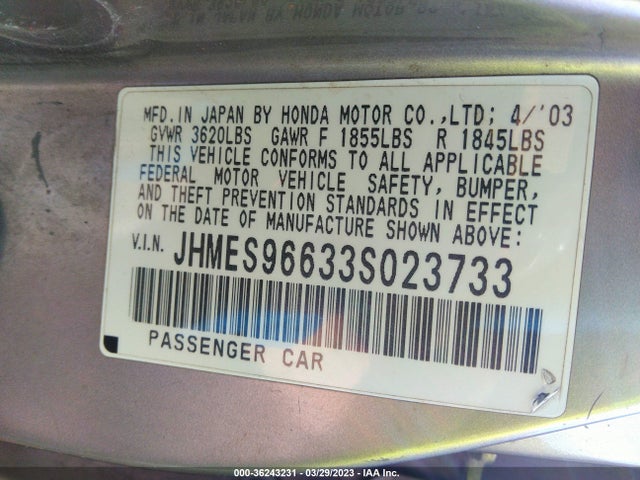 2003 HONDA CIVIC HYBRID VIN: JHMES96633S023733