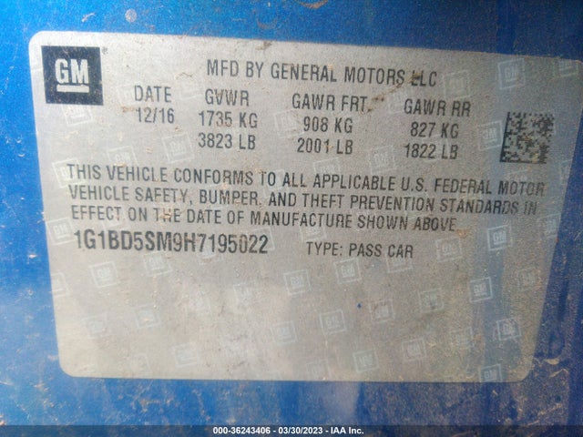 Chevrolet CRUZE LT 2017 1G1BD5SM9H7195022 Image 9