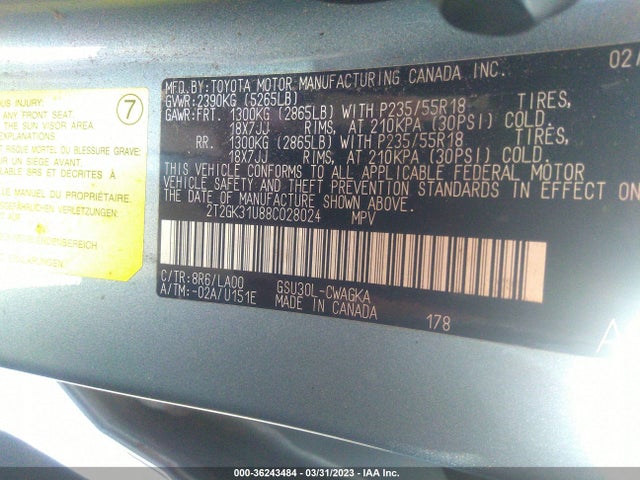 2008 LEXUS RX 350 VIN: 2T2GK31U88C028024