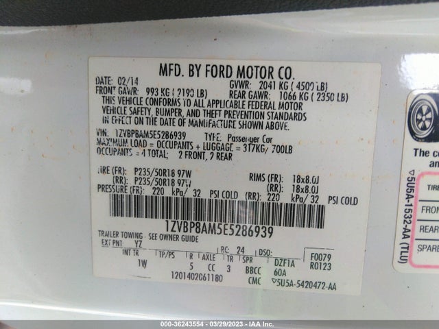 2014 FORD MUSTANG V6 VIN: 1ZVBP8AM5E5286939