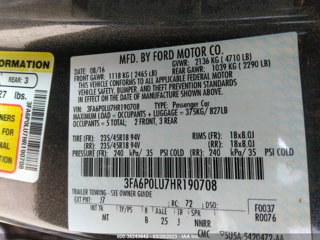 2017 FORD FUSION HYBRID SE VIN: 3FA6P0LU7HR190708
