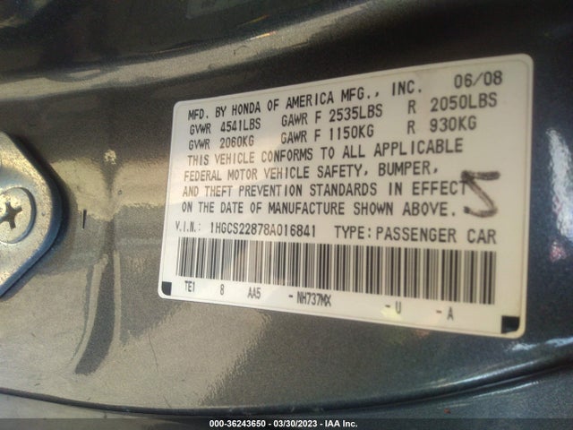 2008 HONDA ACCORD CPE EX-L VIN: 1HGCS22878A016841
