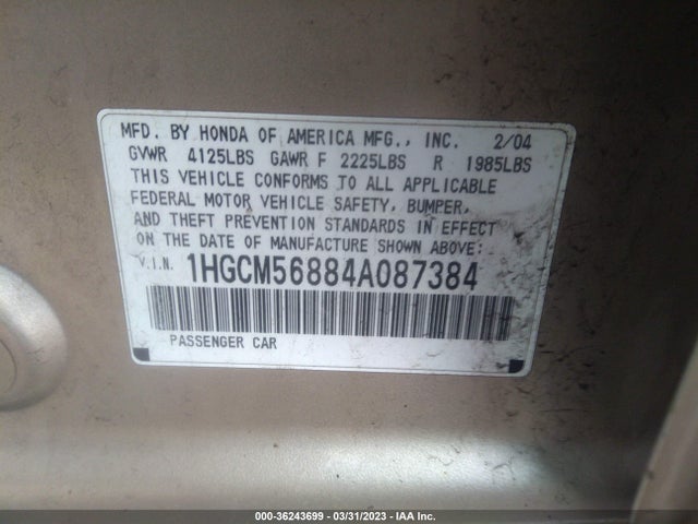 2004 HONDA ACCORD SDN EX VIN: 1HGCM56884A087384