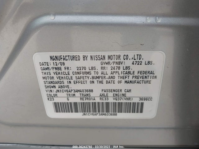 2010 INFINITI G37 SEDAN JOURNEY VIN: JN1CV6AP3AM403688