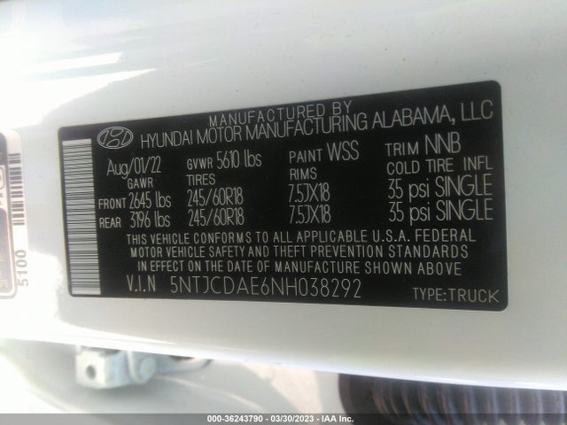 2022 HYUNDAI SANTA CRUZ SEL VIN: 5NTJCDAE6NH038292
