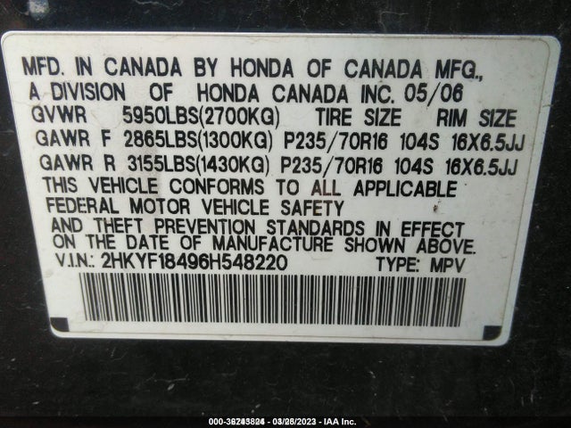 2006 HONDA PILOT EX VIN: 2HKYF18496H548220