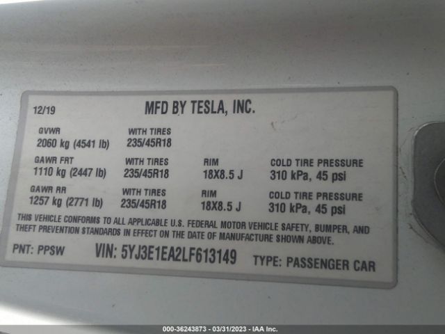 5YJ3E1EA2LF613149 Tesla Model 3 Standard Range