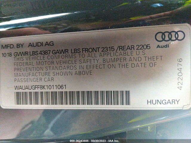 WAUAUGFF8K1011061 Audi A3 Sedan Premium/titanium Premium