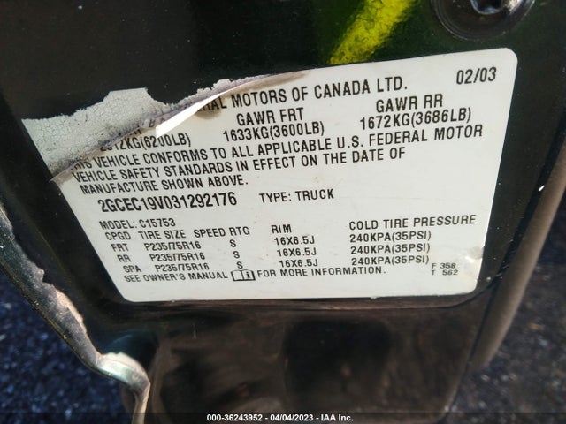 2003 CHEVROLET SILVERADO 1500 LS VIN: 2GCEC19V031292176