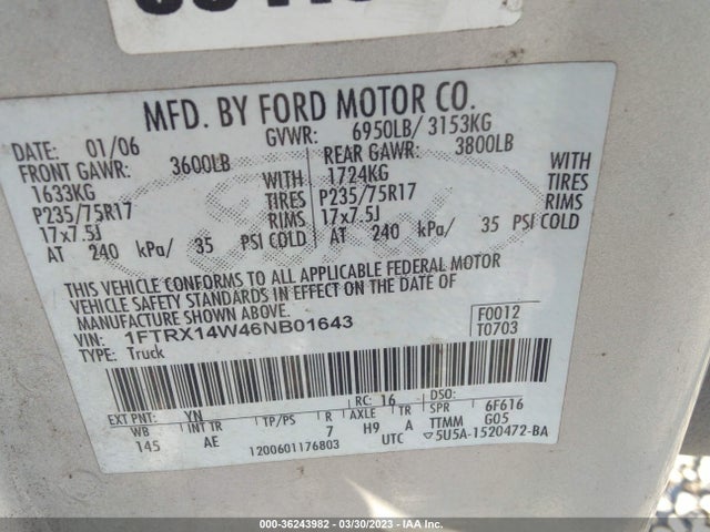 2006 FORD F-150 STX/XLT/XL VIN: 1FTRX14W46NB01643