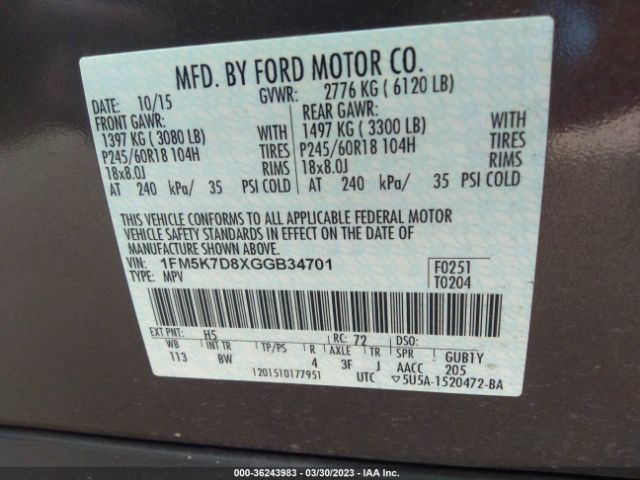 1FM5K7D8XGGB34701 Ford EXPLORER XLT