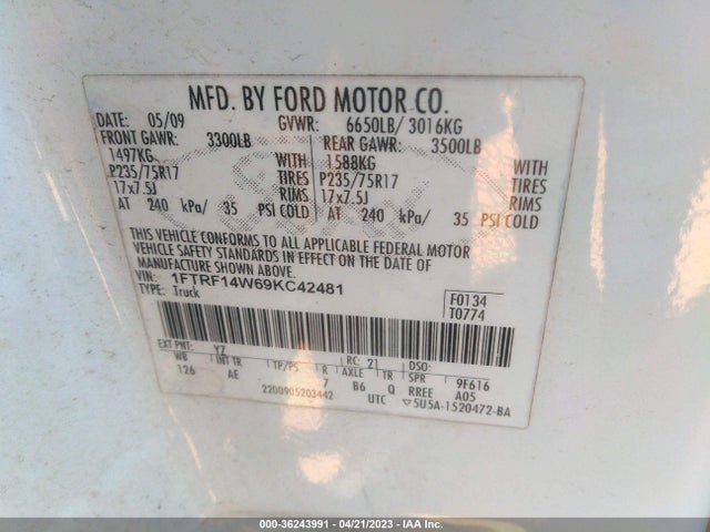 2009 FORD F-150 XL/STX/XLT/XL W VIN: 1FTRF14W69KC42481