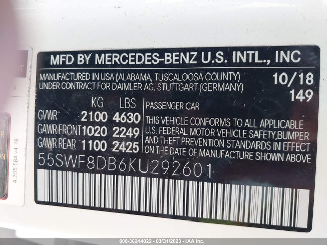 2019 MERCEDES-BENZ C 300 VIN: 55SWF8DB6KU292601