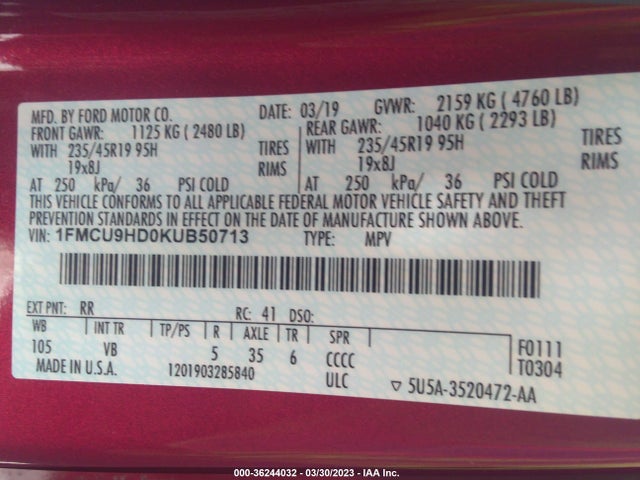 Ford ESCAPE SEL 2019 1FMCU9HD0KUB50713 Image 10