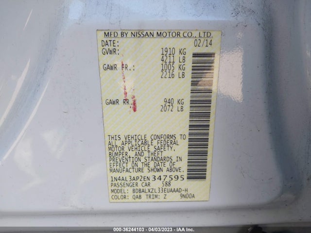 2014 NISSAN ALTIMA 2.5 SL VIN: 1N4AL3AP2EN347595