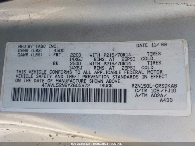 2000 TOYOTA TACOMA VIN: 4TAVL52N8YZ605972