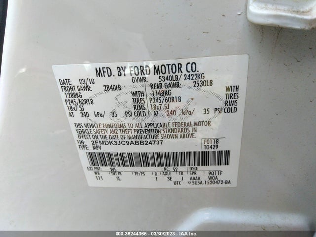 2010 FORD EDGE SEL VIN: 2FMDK3JC9ABB24737