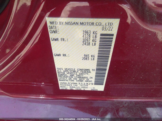 2022 NISSAN ALTIMA 2.5 SR VIN: 1N4BL4CV6NN351929