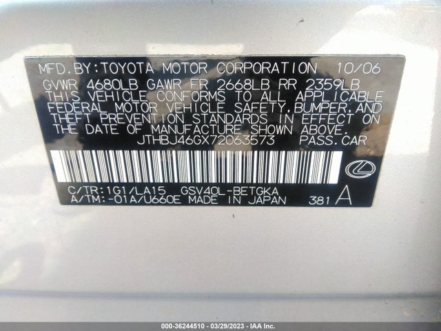 2007 LEXUS ES 350 VIN: JTHBJ46GX72063573
