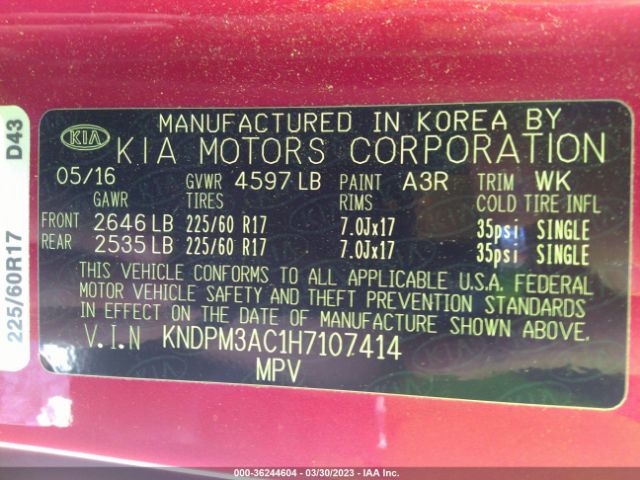 KNDPM3AC1H7107414 KIA Sportage Lx