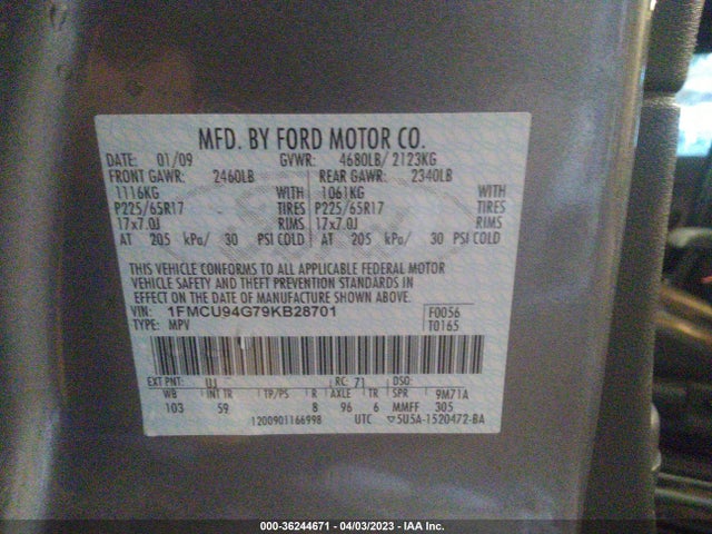 2009 FORD ESCAPE LIMITED VIN: 1FMCU94G79KB28701