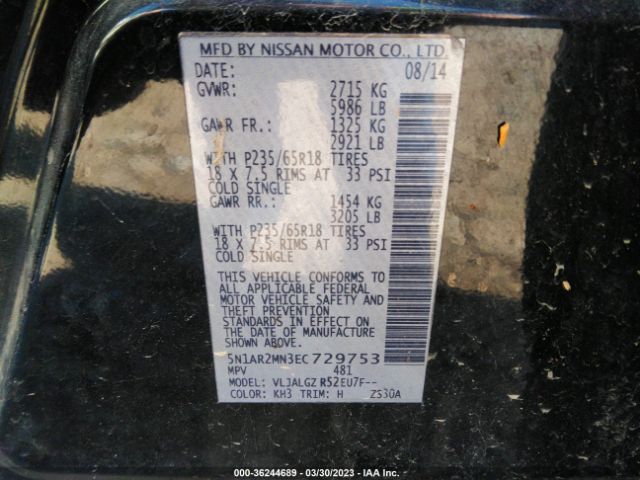 5N1AR2MN3EC729753 Nissan Pathfinder Sl