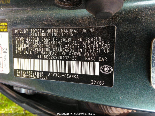 2006 TOYOTA CAMRY STD/LE/SE/XLE VIN: 4T1BE32K26U137125