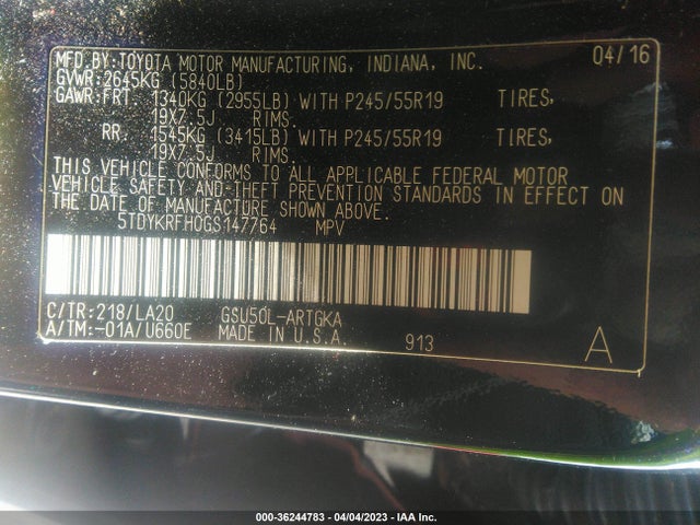 Toyota Highlander Limited 2016 5TDYKRFH0GS147764 Image 11